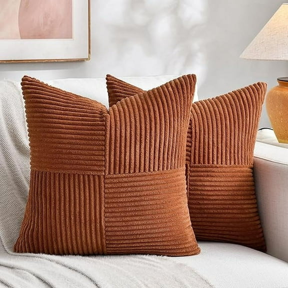 2 Packs Rust Samll Decorative Throw Pillow Covers 14x14 Inch with for Couch Bed, Rustic Farmhouse Boho Home Decor, Soft Corss Patchwork Corduroy Square Terracotta Cushion Case 35x35 cm