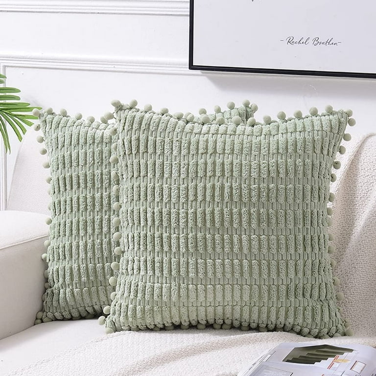 2 Packs Sage Green Decorative Throw Pillow Covers 20x20 Inch with Pom-poms  for Couch Bed Living Room, Farmhouse Boho Home Decor, Soft Corduroy Cute  Square Cushion Case 50x50 cm 