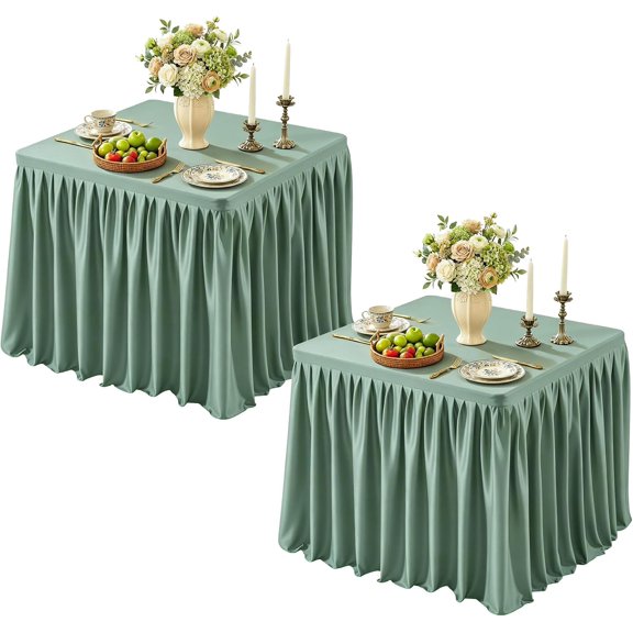 2 Packs Sage Green Square Tableloths 34x34 Inch, Stretch Fitted Small Square Table Cloth Washable Fabric Card Table Cover with Pleated Ruffle Skirt for Dining, Kitchen, Buffet Parties, Trade Show