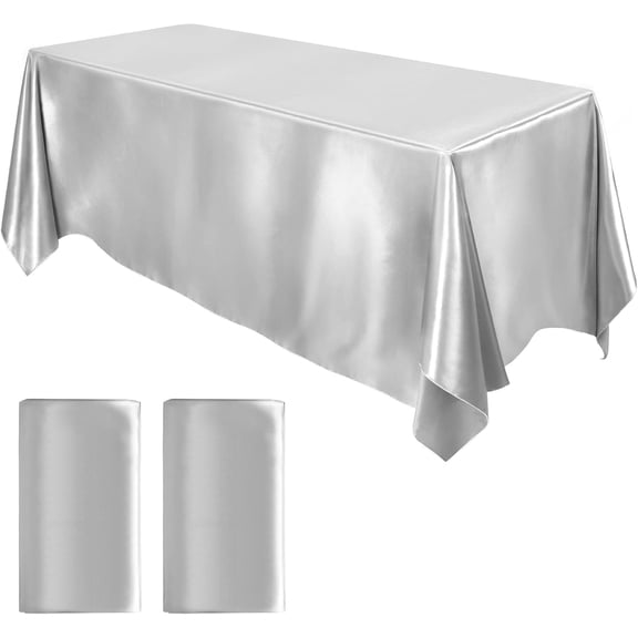 2 Packs Satin Tablecloth 102 x 58 Inches Rectangular Table Overlay Cover Bright Silk Tablecloth Smooth Fabric Table Decor for Wedding Banquet Decoration (Silver)