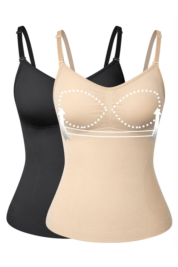 2 Packs Shapewear Camisoles with Built in Padded Bras Tummy Control Compression Tank Tops for Women Body Shaper