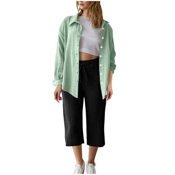 2 Packs Shirts Sets for Womens,Women'S Button Down Open-Front Tee Tops Collared Long Sleeve Shirts Loose Fitted Drawstring Capri Pants Lounge Breathable Suits Bussiness Office Work Outfits