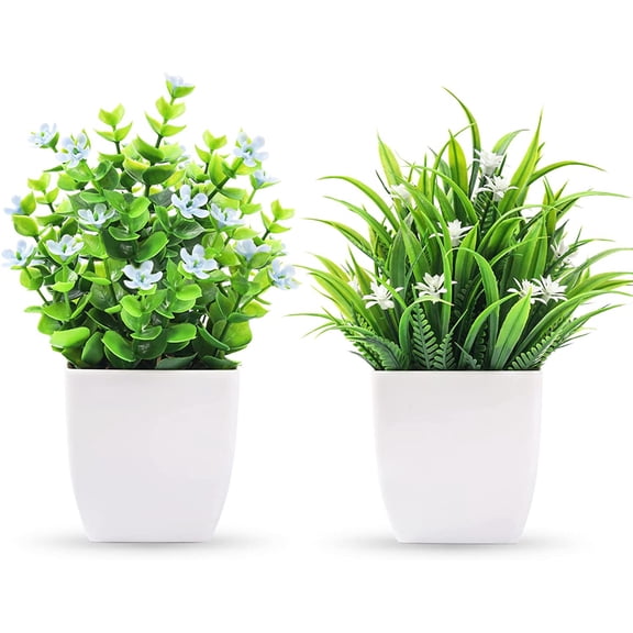 2 Packs Small Fake Plants Mini Artificial Potted Plants for Table Desk Home Bathroom Office Decor