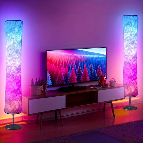 2 Packs Smart LED Floor Lamp 16 Million Colors Music Sync Scene Modes App & Remote Control White Fabric Shade Standing Lamp for Living Game Room Bedroom E-sport Decor