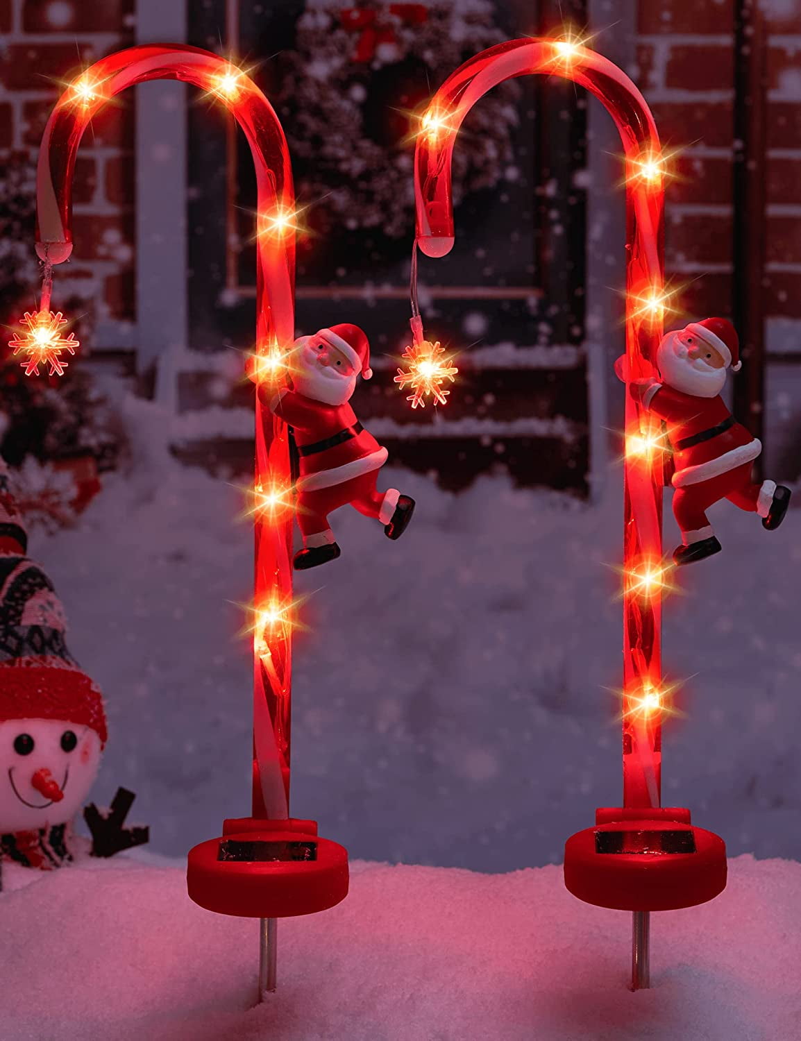 2 Packs Solar Christmas Decorations Candy Cane Lights Xmas Pathway Markers Outdoor Decor Stake Snowflow