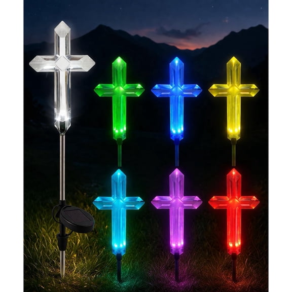 2 Packs Solar Cross Garden Stake| Waterproof Outdoor Yard Decor for Lawn Garden & Memorial Decoration Seven Color Gradients LED Landscape Path Lights for Remembrance Gifts & Sympathy Gifts.