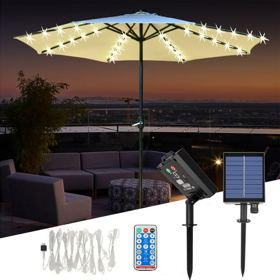 2 Packs Solar Umbrella Lights with Remote Control 8 Modes USB Charging Waterproof Outdoor Patio Tent Beach Sun Shade Umbrella Lamp for Garden Pool Party Decoration Warm White LED String Lights