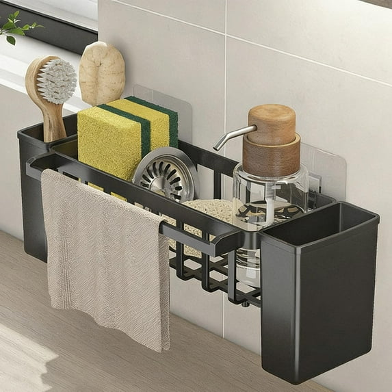 2 Packs Sponge Holder for Kitchen Sink, Auto-Draining Tray & Towel Bar, Sink Organizer Caddy with Brush Storage, Countertop Sponge Drip Tray, Dish Soap Dispenser Organizer, Non-Slip Bathroom Utility