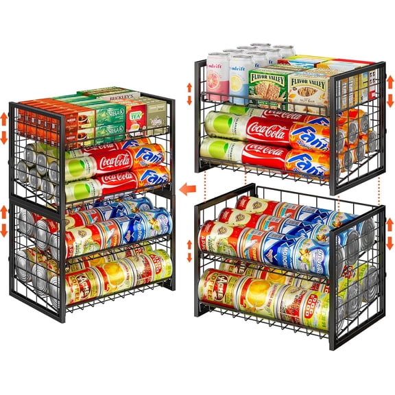 2 Packs Stackable Can Rack Organizer for Pantry, 2-Tier Sturdy Adjustable Pantry Can Storage Organizer for Canned Food Can Goods, Kitchen Can Dispenser Holder for Soda Drinks Snack, Black