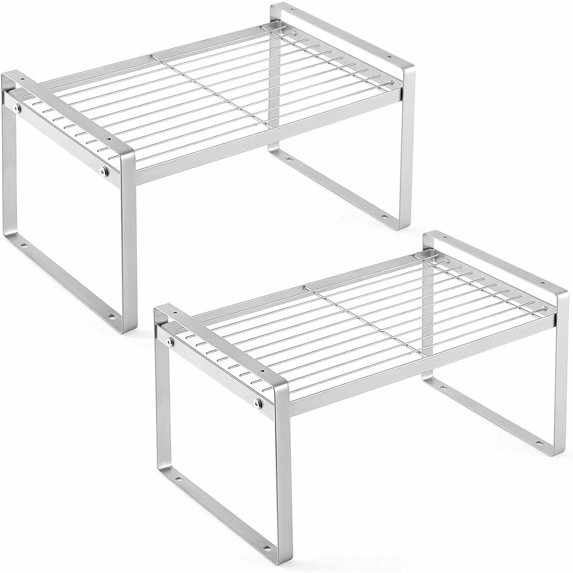 2 Packs Stackable Storage Rack Metal Frame Organizer Versatile Shelves Silver