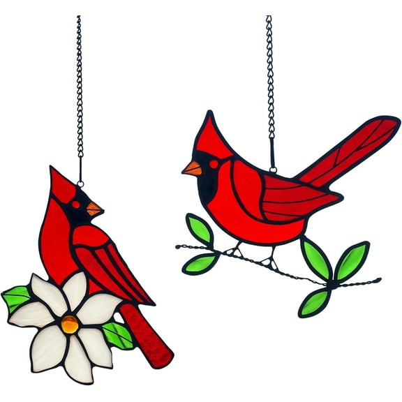 2 Packs Stained Glass Red Cardinal Memorial Gifts for Women, Stained Glass Window Hanging, Red Cardinal on Branch Ornament Suncatcher, Handmade Bird Decor Gift for Mom, Bird Lover