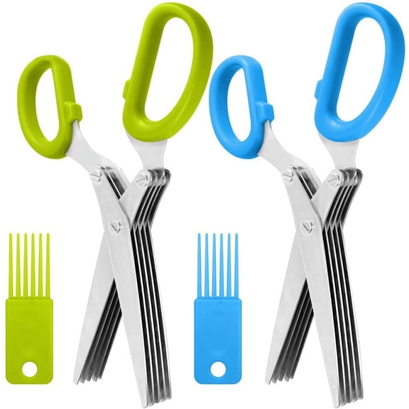 2 Packs Stainless Steel Herb Scissors, SourceTon Multi-purpose Kitchen Shear with 5 Blades and Cleaning Brush, Ergonomic Design Heavy Duty Durable Culinary Cutter for Cutting Meat and Vegetables