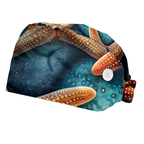 2 Packs Starfish Working Hat Adjustable Scrub Cap with Buttons and Sweatband for Nurse and Doctor