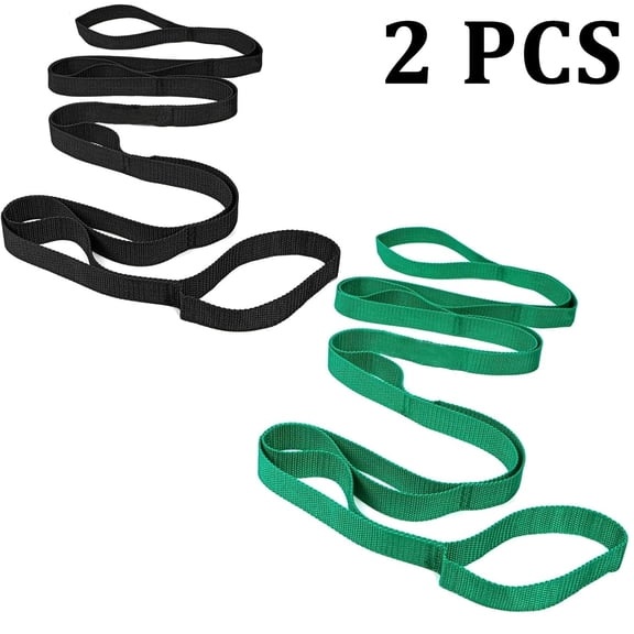 2 Packs Stretching Strap Yoga Straps for Physical Therapy, 10 Loops Non-Elastic Stretch Band for Pilates, Flexibility, Exercise and Gymnastics(Black+Green)