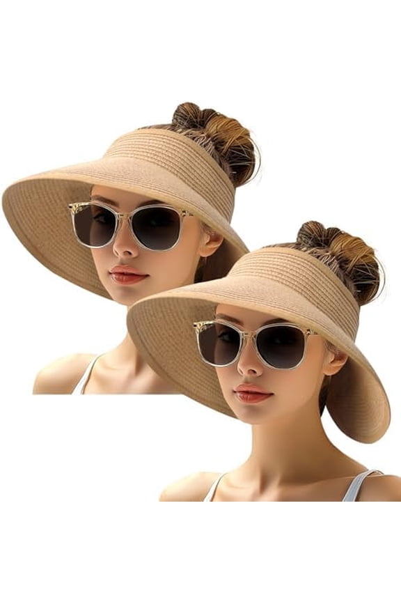 2 Packs Sun Visor Hats for Women Wide Brim Ponytail Straw Beach Hat Packable Foldable UPF 50+ Floppy Travel Hats