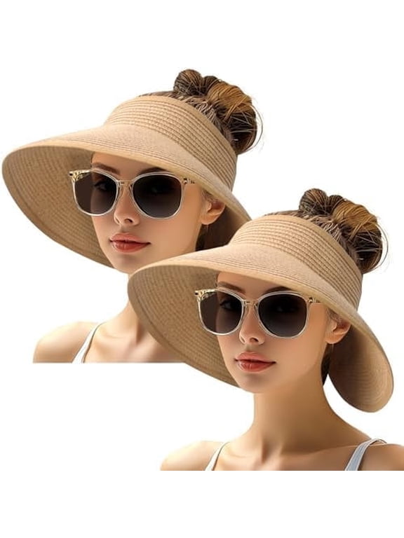 Wide Brim Ponytail Packable Foldable UPF 50+ Floppy Straw Sun Visor Hat for Beach Travel Outdoor, Beige, Women's, 2 Pack