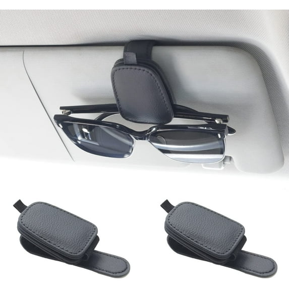 2 Packs Sunglasses Holders for Car Visor - Magnetic Leather Sunglasses Holder and Ticket Card Clip - Car Visor Accessories (Black)