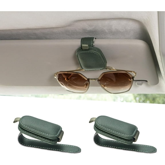 2 Packs Sunglasses Holders for Car Visor - Magnetic Leather Sunglasses Holder and Ticket Card Clip - Car Visor Accessories (Green)