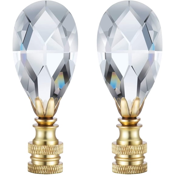 2 Packs Teardrop Clear Crystal Lamp Finial Lamp Decoration for Lamp Shade with Polished Brass Base, Clear, 2-3/4 Inches
