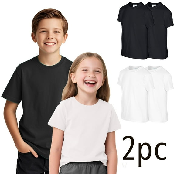 2 Packs Tee Shirts for Boys Girls with Short Sleeve, Toddler Summer Casual Solid Crewneck Tops Holiday Shirts T Shirt, Black,Size, XS