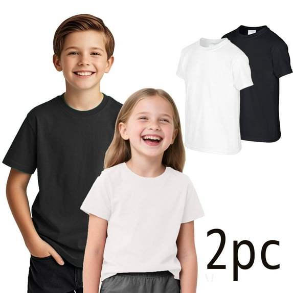 2 Packs Tee Shirts for Boys Girls with Short Sleeve, Toddler Summer Casual Solid Crewneck Tops Holiday Shirts T Shirt, Mix,Size, L
