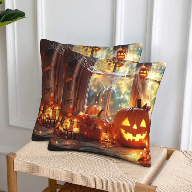 2 Packs Throw Pillow Covers Halloween Windowsill Pumpkin Ghost A Soft