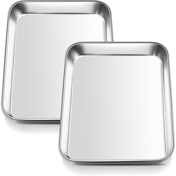 2 Packs Toaster Oven Trays, 9.4”x7.3” Stainless Steel Small Baking Cookie Sheets, Mini Non-toxic Metal Baking Pans for Cake, Healthy & Rust Free, Mirror Finish & Dishwasher Safe