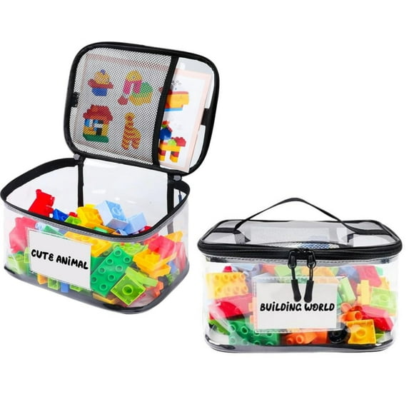 2 Packs Toy Storage Bags Clear Toy Organizer Case Reusable PVC Waterproof Toy Organizer Bags with Zipper&Handle for Building Blocks/Puzzles/Board Game/Bricks,with Name Tag & Manual Pocket