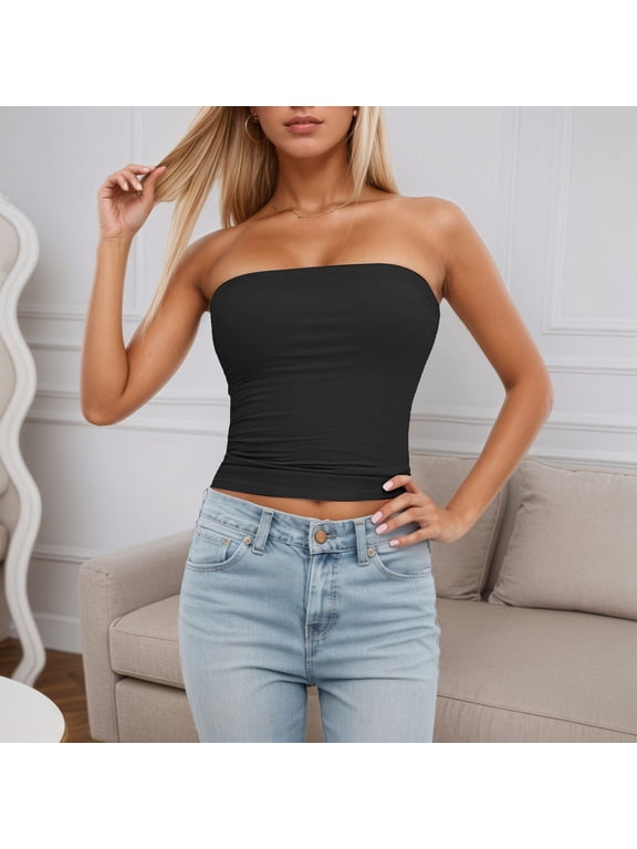 2 Packs Tube Tops Women'S Tube Top Sleeveless Stretchy Camisole Removable Padding Strapless Shirt For Layering And Outerwear,L