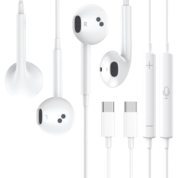 2 Packs USB C HeadphonesType C for iPhone Wired Headphones for iPhone 16/15 Earbuds with Mic and Volume ControlHi-Fi Stereo In Ear Earphones for Galaxy S24/S23/S22/S21/S20/Ultra Note 10/20White