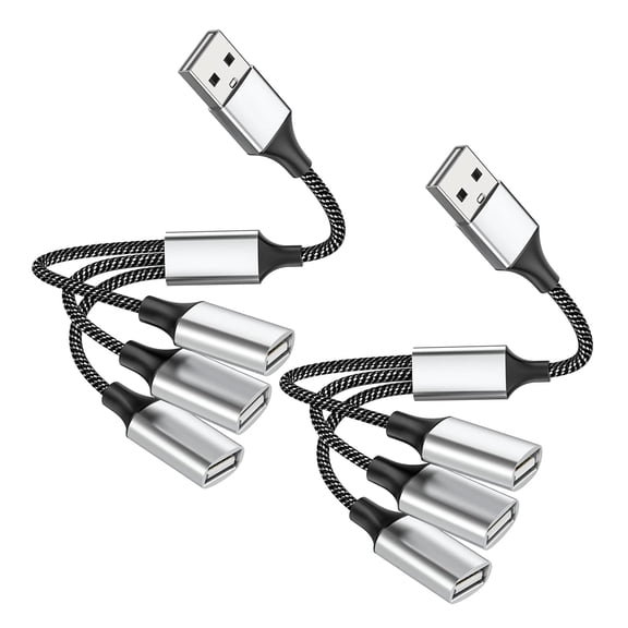 (2-Packs) USB Splitter Cable 1 to 3, USB 3 Way Splitter Hub Adapter – 1 Male to 3 Female USB 2.0 Extension Cord for Charging & Data Transfer, Compatible with Laptop, PC, Tesla Model 3