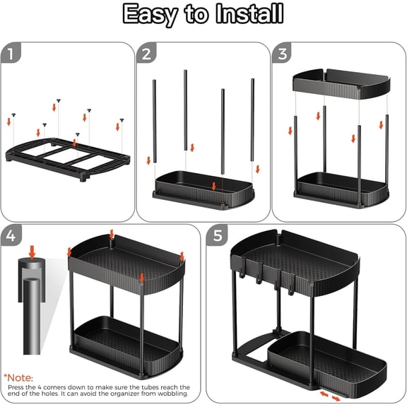 2 Packs Under Sink Pull-Out Storage Organizers, 14.8 Inches, Black | Multi-Purpose Cabinet Organizers and Storage for Bathroom & Kitchen