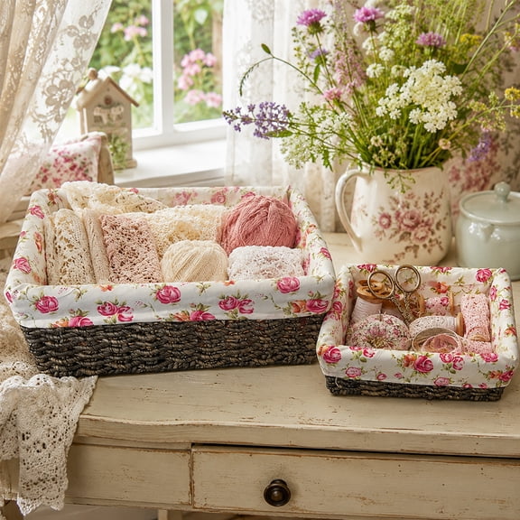 2 Packs Vintage Rose Floral Woven Storage Baskets, Detachable Washable Fabric Liner Rectangular Rope Wicker Organizer Bins, Decorative Storage Trays for Bedroom, Closet, Bathroom