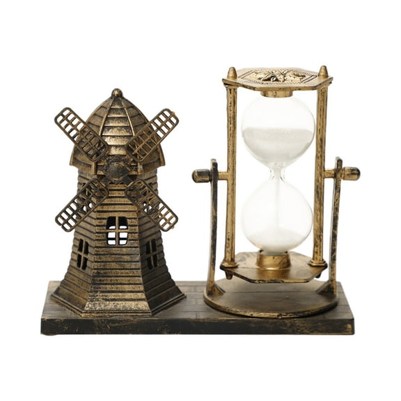 2 Packs Vintage Windmill Hourglass Home Decor Rotatable Detachable Timer Nostalgic Resin Statue for Living Room Office Desk TV Cabinet Gold Silver Decorative Centerpiece Gift for Adults