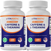 2 Packs Vitamatic Caffeine Pills with L-Theanine - 300 mg per Tablet - 120 Vegetarian Tablets - Nootropic Supplement for Focused Energy Total 240 Tablets