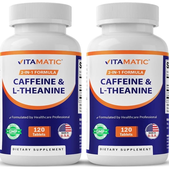 2 Packs Vitamatic Caffeine Pills with L-Theanine - 300 mg per Tablet - 120 Vegetarian Tablets - Nootropic Supplement for Focused Energy (Total 240 Tablets)