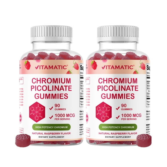 Vitamatic Chromium Picolinate Gummies 1000 mcg High Potency Raspberry Flavor Gluten Free 2 Packs 180 Count