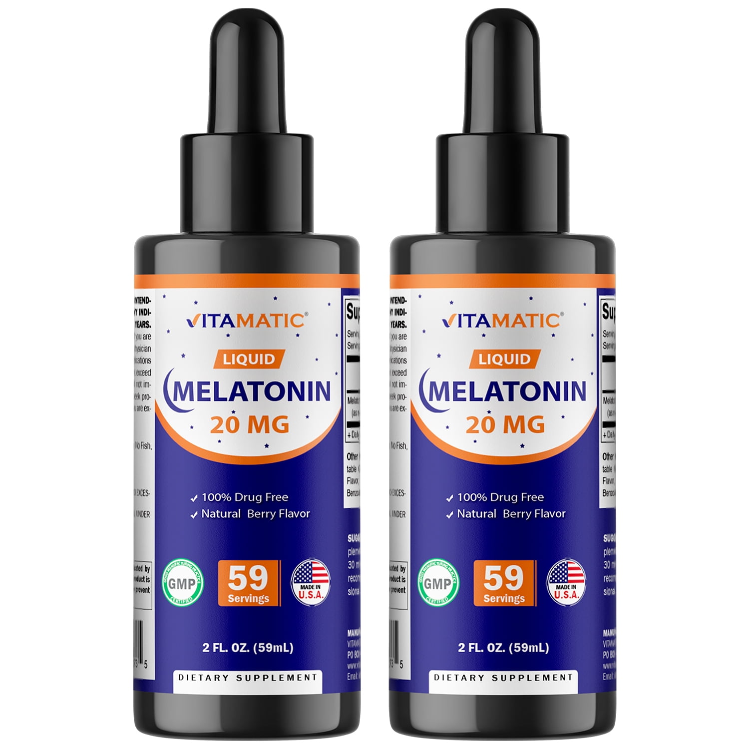 2 Packs - Vitamatic Melatonin 20mg Liquid Drops - 2 Fluid Ounce 59ml - Natural Berry Flavor - for Adults - Non-GMO - Vegetarian Supplement