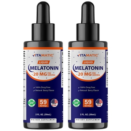 2 Packs - Vitamatic Melatonin 20mg Liquid Drops - 2 Fluid Ounce (59ml) - Natural Berry Flavor - for Adults - Non-GMO - Vegetarian Supplement