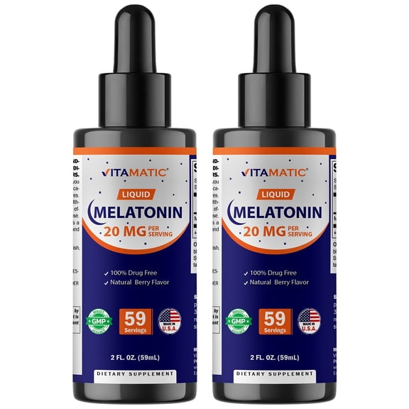 2 Packs - Vitamatic Melatonin 20mg Liquid Drops - 2 Fluid Ounce (59ml) - Natural Berry Flavor - for Adults - Non-GMO - Vegetarian Supplement