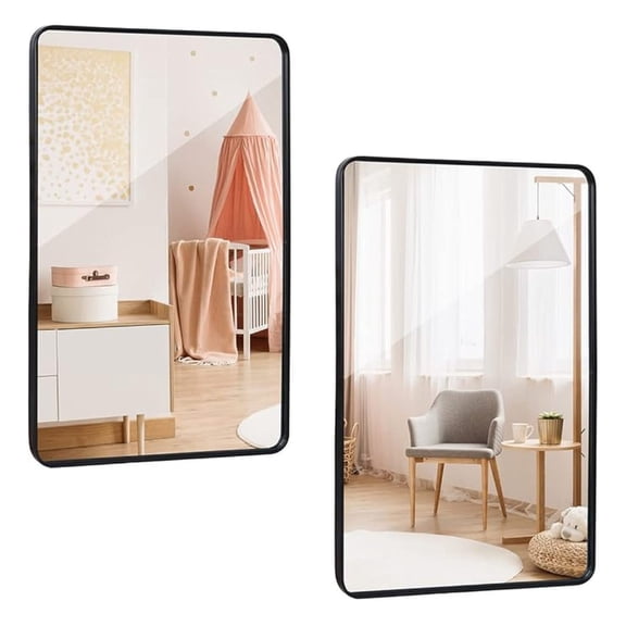 2 Packs Wall Mount Mirror for Bathroom, 24 x 36 Inch Black Metal Framed Rounded Corner Rectangular Mirror with Peaked Trim for , Living Rooms, Bathrooms
