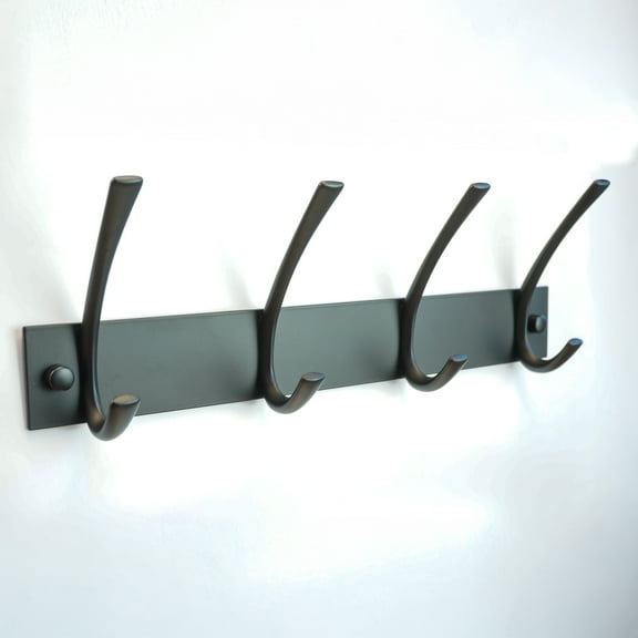 14 in Wall-Mounted Coat Hook Rail with 4 Double Hooks, Zinc Alloy, Matte Black