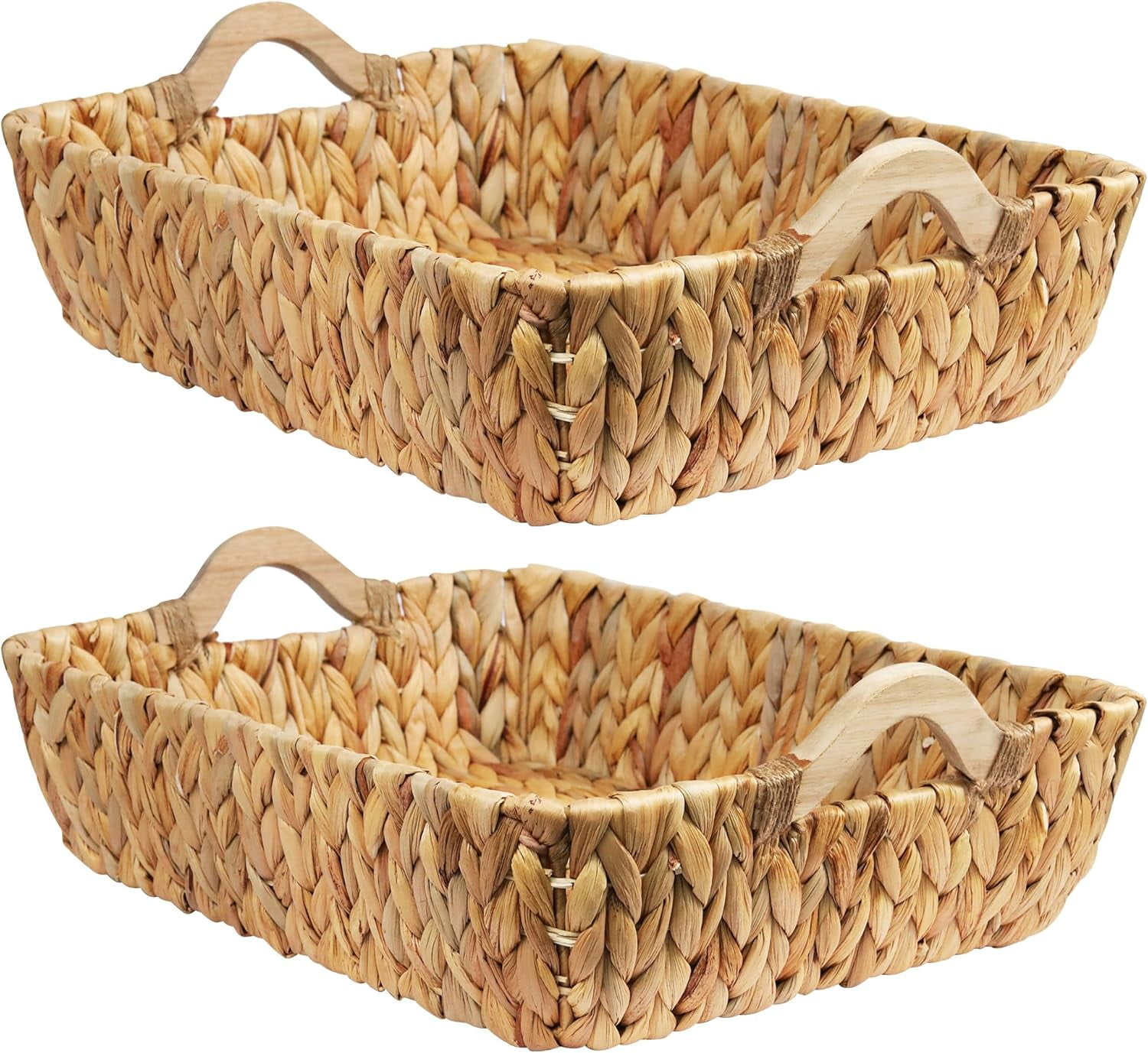 Large Natural Water Hyacinth Wicker Storage Baskets with Wooden Handles, Set of 2