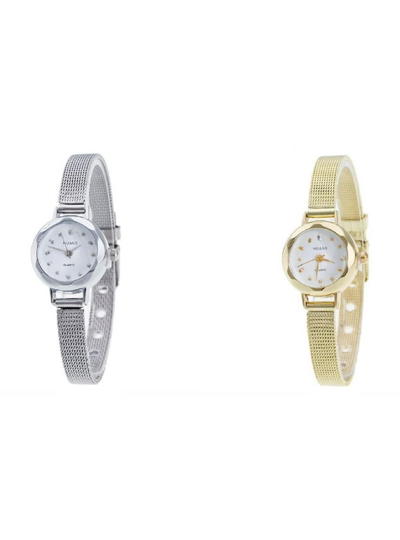 (2-Packs)Women Ladies Stainless Steel Women's Watches Mesh Band Wrist Watch Wind Up Watches for Men Gold