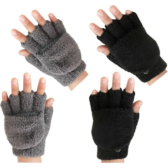 2 Packs Women Warm Fingerless Gloves, Winter Fingerless Mittens with Flip-top Cover, Knitted Wool Gloves