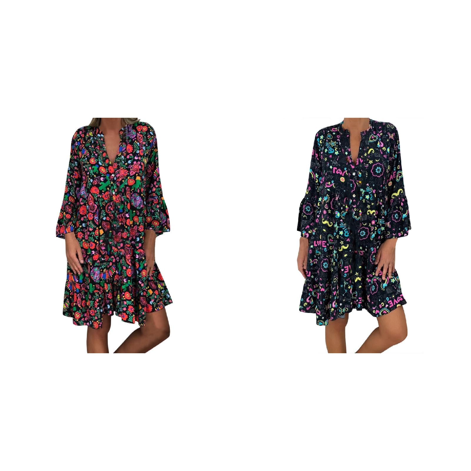 (2Packs)Women's Ladies Plus Size Dresses for Small Women Loose Print Long Sleeve Long Dress V