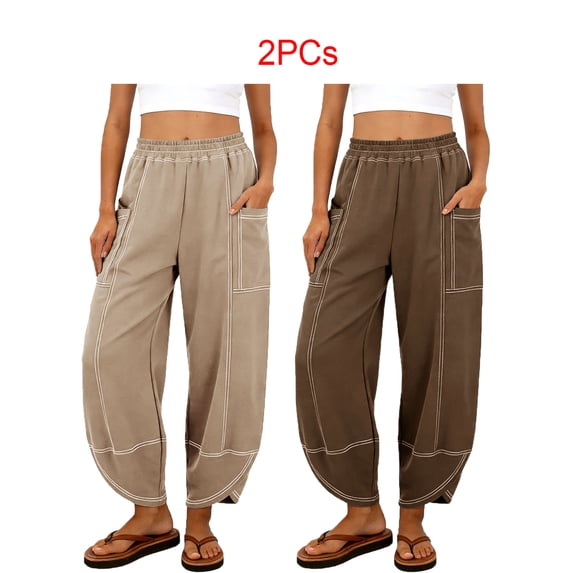 2 Packs Womens Baggy Barrel Pants Wide Leg Casual Drawstring Sweatpants with Pockets
