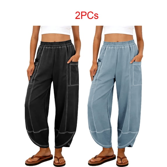 2 Packs Womens Baggy Barrel Pants Wide Leg Casual Drawstring Sweatpants with Pockets