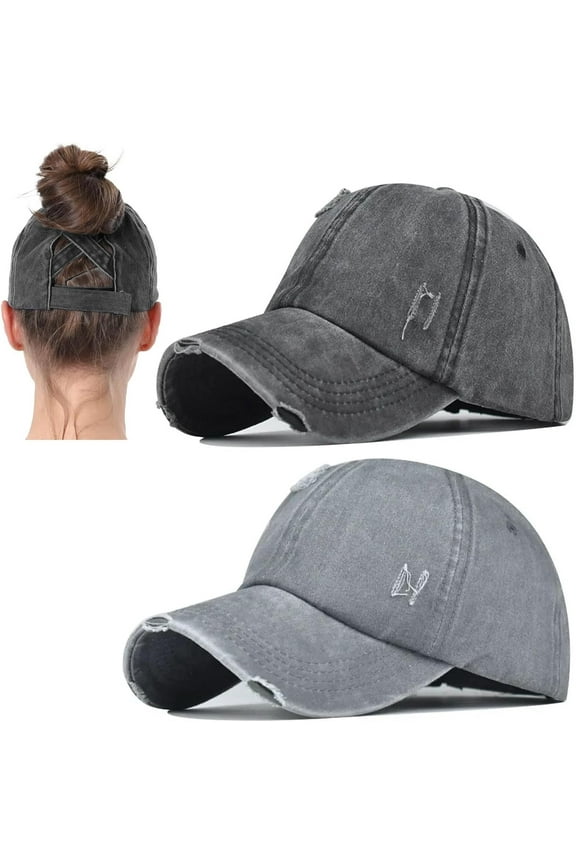 2 Packs Womens Ponytail Criss Cross Hat Baseball Cap Distressed Ponytail Hat High Messy Bun Trucker Ponycap