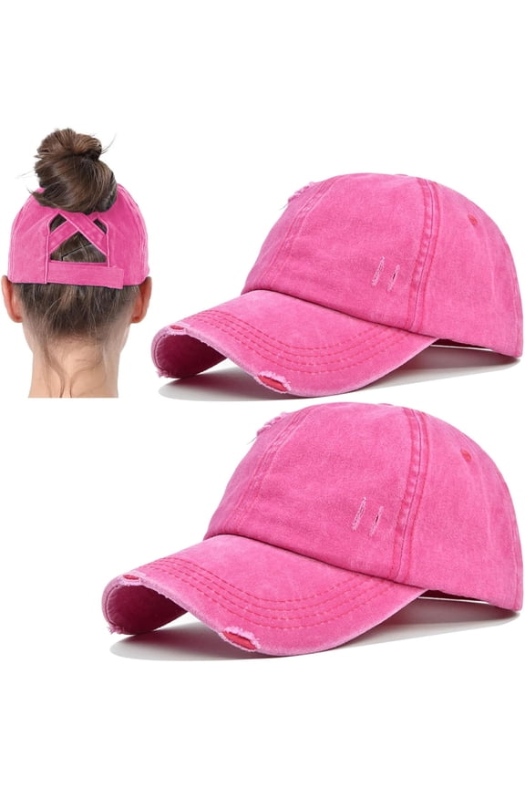 2 Packs Womens Ponytail Criss Cross Hat Baseball Cap Distressed Ponytail Hat High Messy Bun Trucker Ponycap